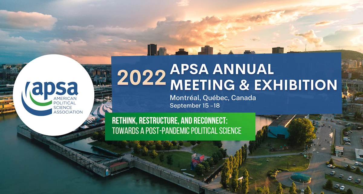 Text about the 2022 APSA Annual Meeting in front of an image of the city of Montreal, where the event was located.