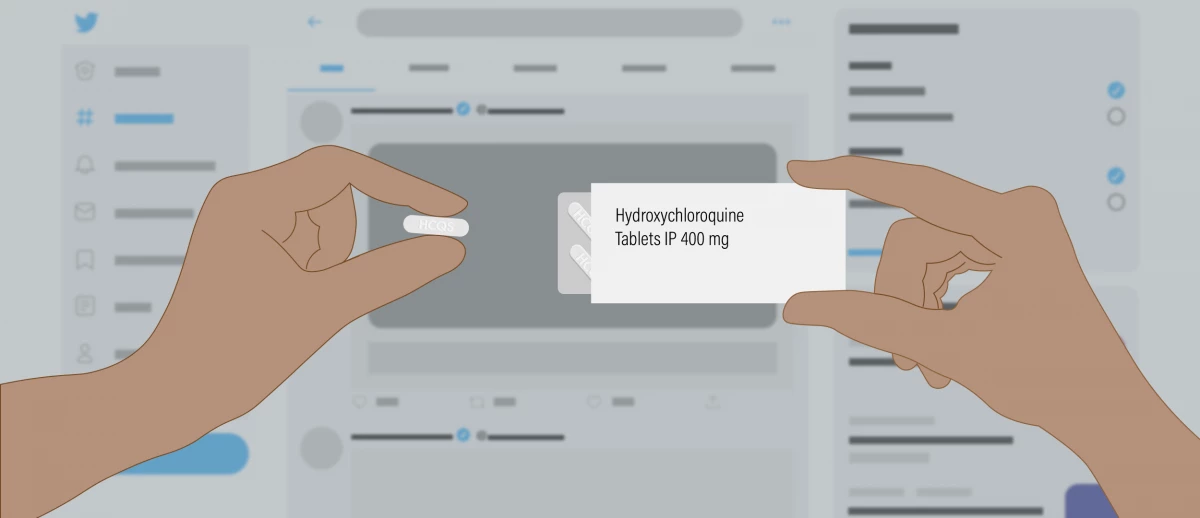 A graphic of someone holding hydroxychloroquine.