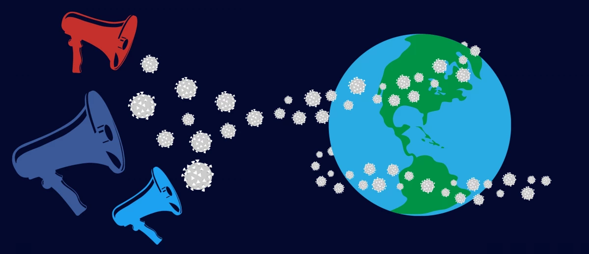 A graphic of megaphones and the covid-19 virus leaving them and surrounding the Earth.