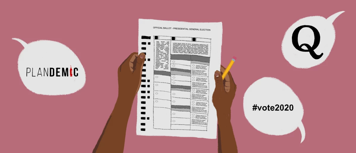 A graphic of a person holding a voting slip with speech bubbles around them filled with misinformation.