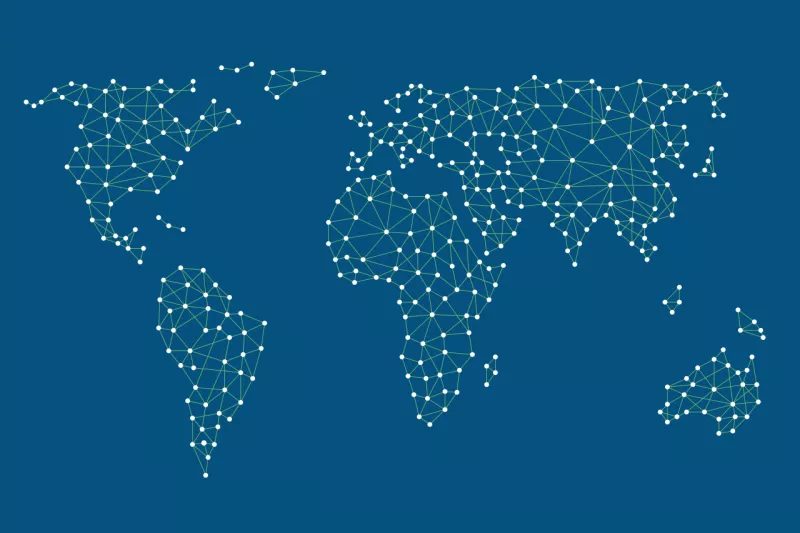 A map of the Earth with connecting dots outlining all the continents.