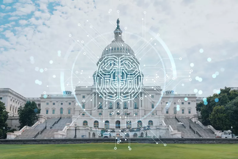 Photo of the U.S. Capitol with a hologram of a machine learning neural network.