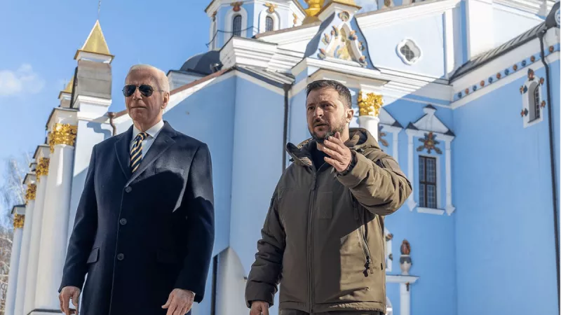A picture released by The White House of Ukraine President Volodymyr Zelensky showing President Joe Biden around Kyiv during Biden’s visit on the 20th Feb 2023.