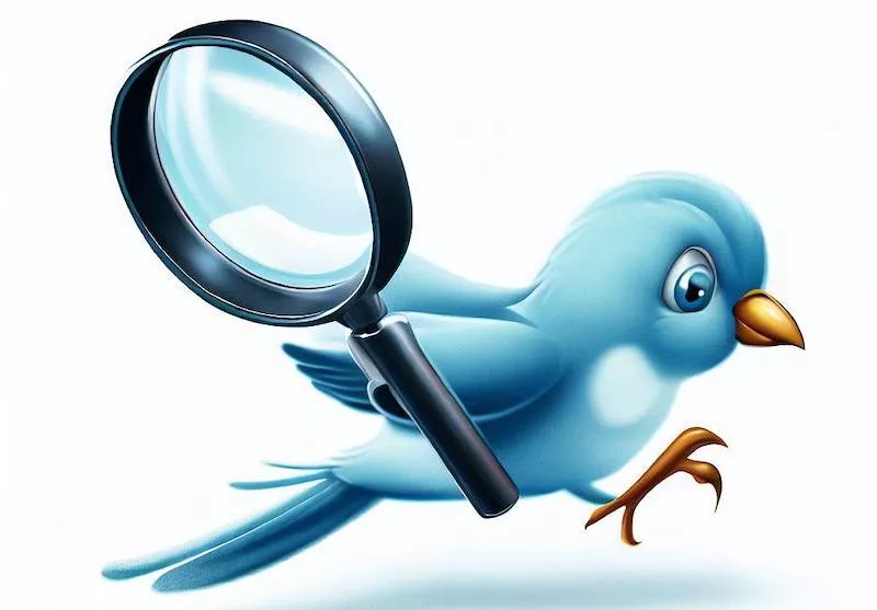 A blue bird running away from a magnifying glass.