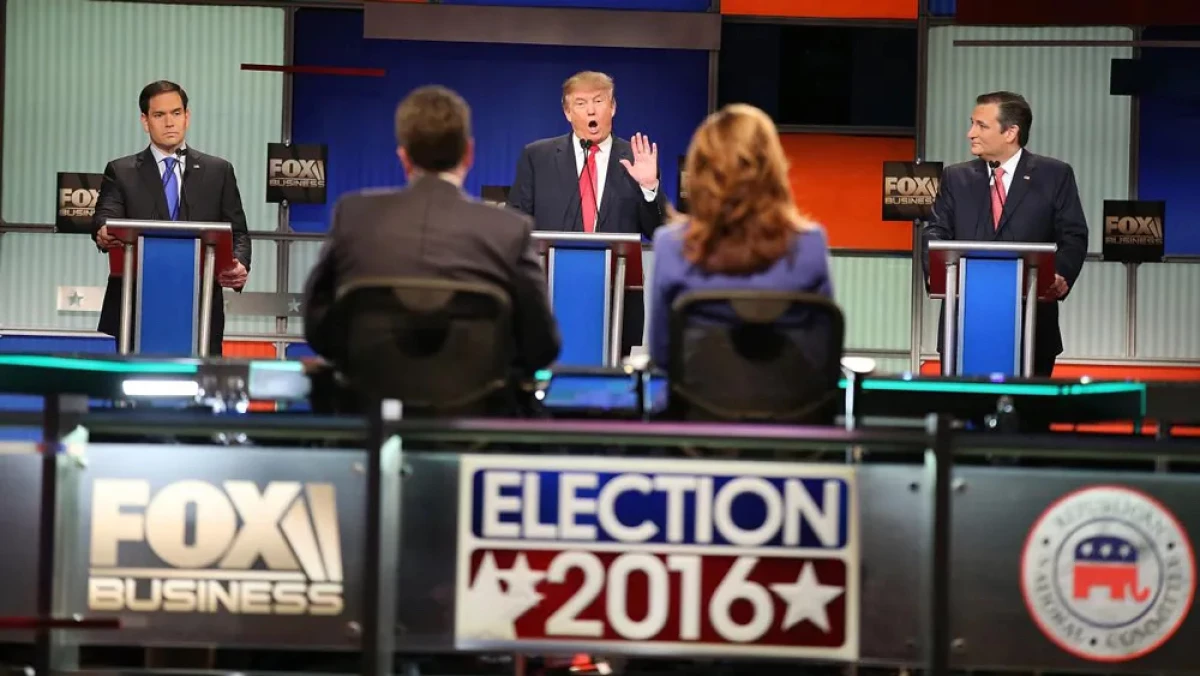 Marco Rubio, Donald Trump, and Ted Cruz at a Republican primary debate in 2016.