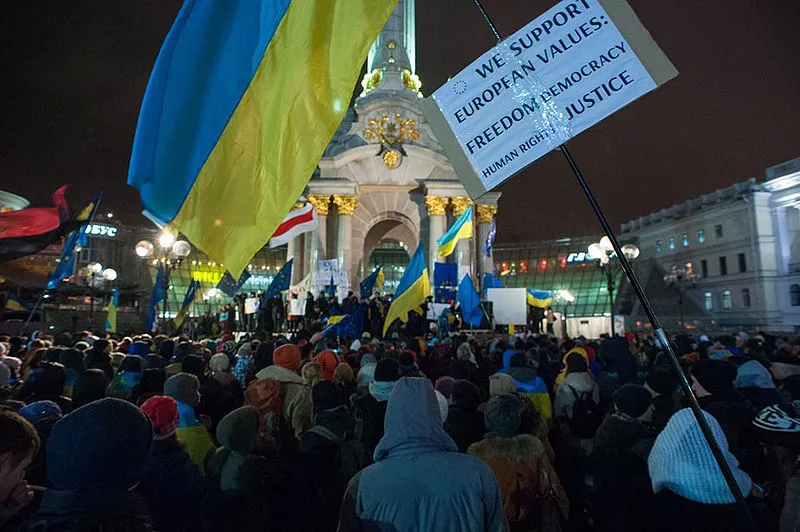 A flag waving at a EuroMaidan protest in Ukraine.