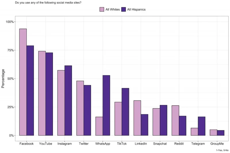 A bar chart showing social media use by platform for Whites and Hispanics.