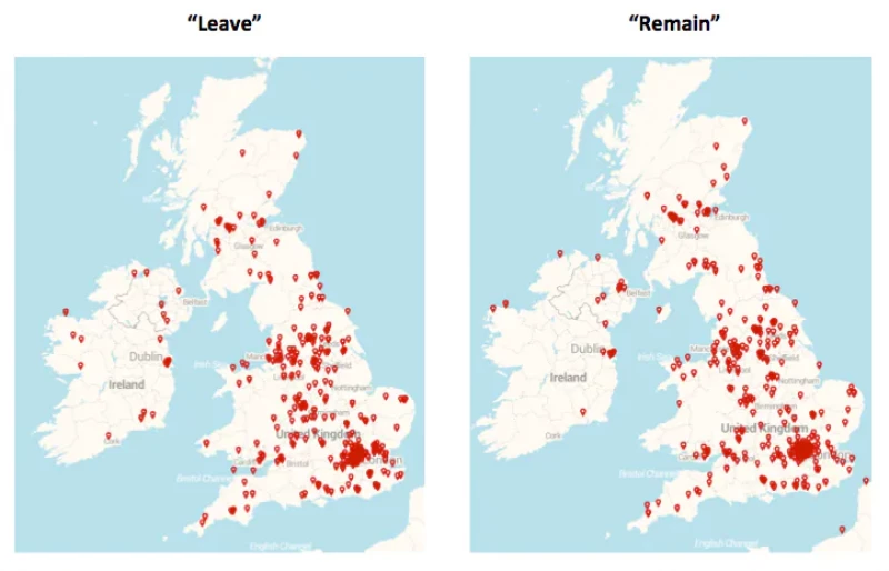 Brexit tweets geolocated in the U.K., July 2015 – July 2016. (Data: NYU Social Media and Political Participation (SMaPP Lab; Figure: Alexandra Siegel).