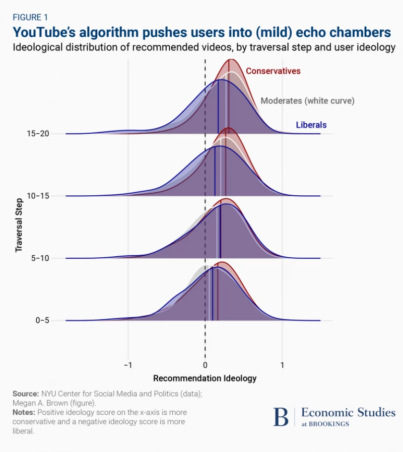 A chart showing how YouTube's algorithm pushes users into (mild) echo chambers.